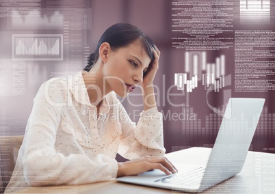 Businesswoman working on laptop with screen text interface