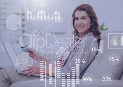 Business Overlay Interface with businesswoman and laptop holding bank card