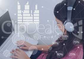 Business Overlay Interface with woman wearing headset earphones and laptop