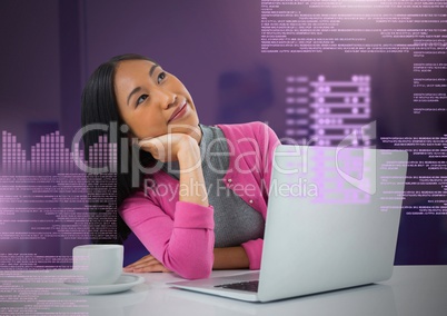 Businesswoman working on laptop with screen text interface