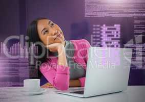 Businesswoman working on laptop with screen text interface