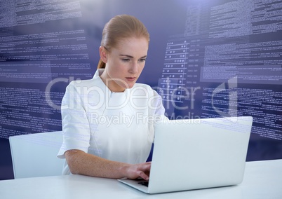 Businesswoman working on laptop with screen text interface