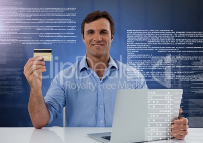 Businessman working on laptop with screen text interface