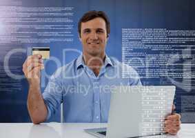 Businessman working on laptop with screen text interface