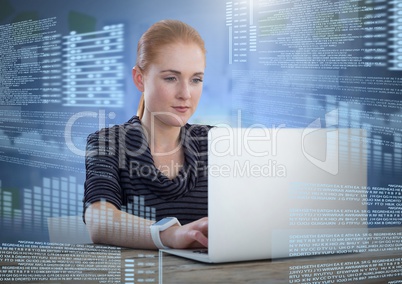 Businesswoman working on laptop with screen text interface