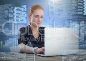 Businesswoman working on laptop with screen text interface