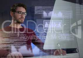 Businessman working on laptop with screen text interface