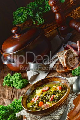 rustic kale soup with meat and sausage