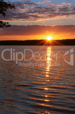 the sun breaks through the trees, the sunset, the sun reflected in the water