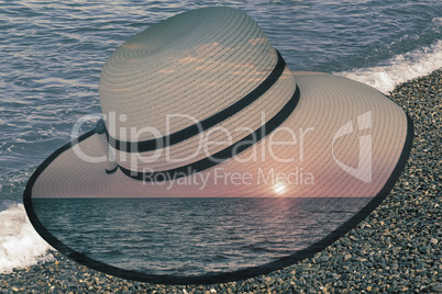 Women's hat by the sea. Double exposure.