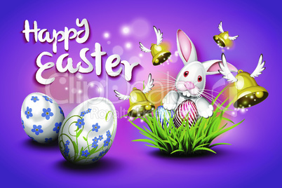 Happy Easter, eggs, bells and rabbit