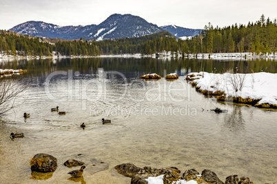 Lake Hintersee in winter with ice and snow