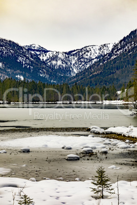 Lake Hintersee in winter with ice and snow