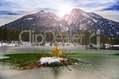 Lake Hintersee in winter with ice and snow
