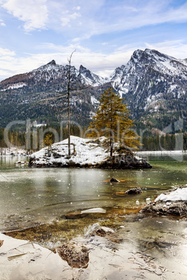 Lake Hintersee in winter with ice and snow