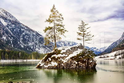 Lake Hintersee in winter with ice and snow