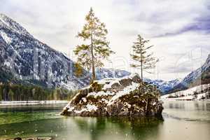 Lake Hintersee in winter with ice and snow