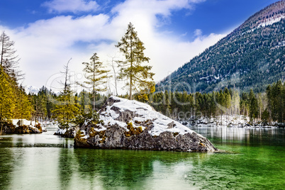 Lake Hintersee in winter with ice and snow