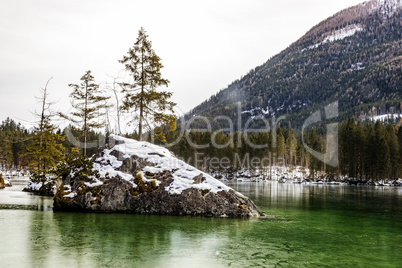 Lake Hintersee in winter with ice and snow