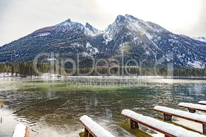 Lake Hintersee in winter with ice and snow