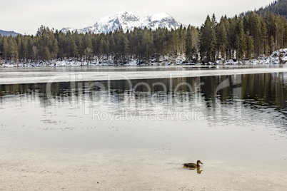 Lake Hintersee in winter with ice and snow