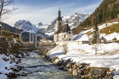 Church of Ramsau in winter with snow