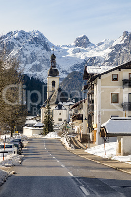 Church of Ramsau in winter with snow