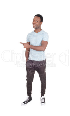 African man standing and pointing with finger