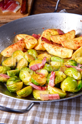 Brussels Sprouts with ham ,honey and roasted potatoes