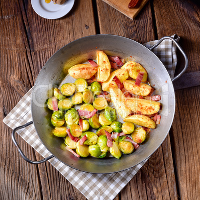 Brussels Sprouts with ham ,honey and roasted potatoes