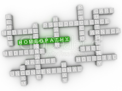 3d Homeopathy, alternative natural medicine word cloud sign.