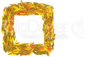 Dry macaroni isolated on white background. Square frame of pasta