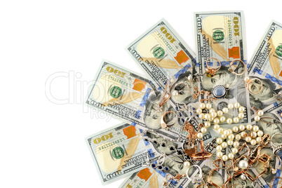 Gold jewelry and dollars isolated on white background. Flat lay,