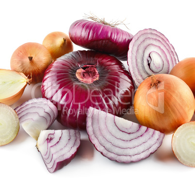 Red and gold onions isolated on white background.