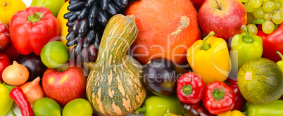 A set of fresh vegetables and fruits. Bright background.