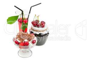 Ripe cherries, jam and juice isolated on white background.