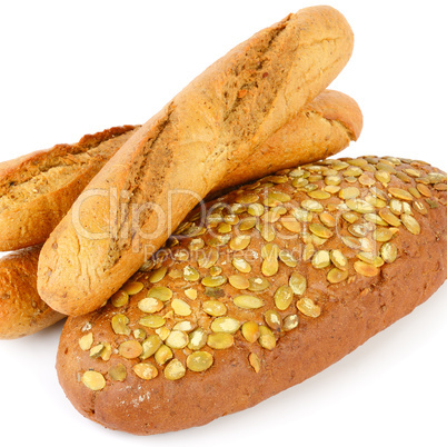 Baguette and bread with pumpkin seeds. Isolated on white backgro