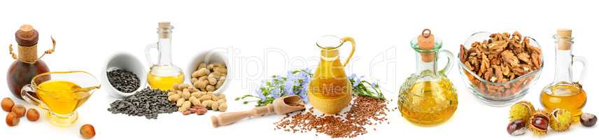 Set of vegetable oils, nuts and seeds isolated on white backgrou