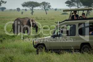 African elephant grazes in savannah behind jeep