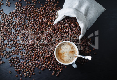 Coffee cup, beans, bag