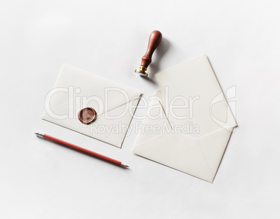 Envelope, stamp, pencil