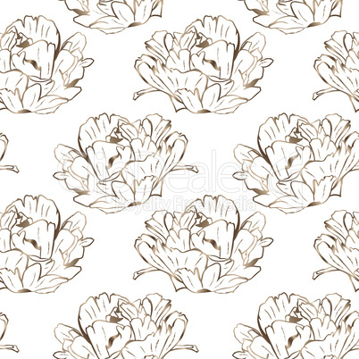 blooming peony in golden tones, seamless pattern