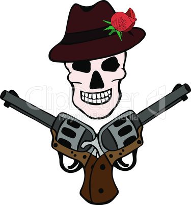 painted human skull in a hat with a red rose and crossed two revolvers