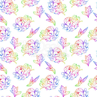 blossoming peony with leafs, seamless pattern