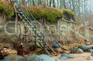 improvised stairs in the sea a steep Bank, a staircase on steep Bank