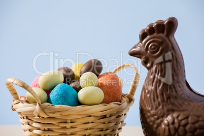 Closeup of easter chocolate chicken and eggs