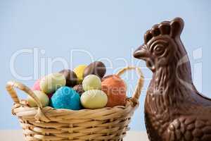 Closeup of easter chocolate chicken and eggs