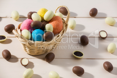 Easter chocolate eggs in a small basket over a table