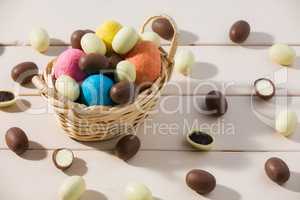 Easter chocolate eggs in a small basket over a table