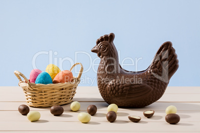 Easter chocolate hen and eggs on a table